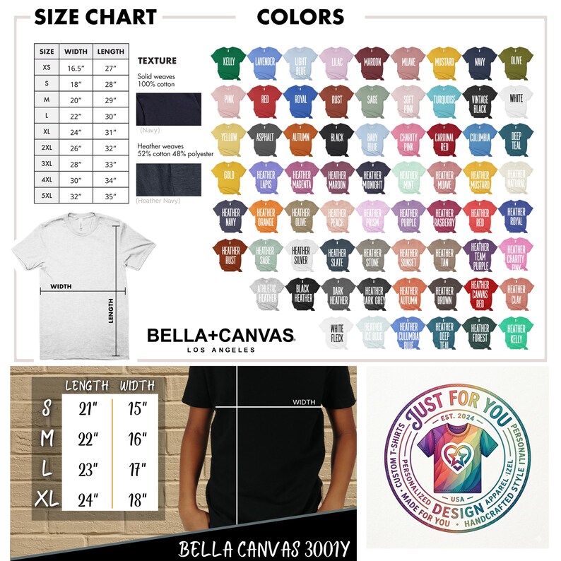 Puede incluir: Una tabla de tallas y muestras de colores para camisetas Bella+Canvas. La tabla muestra medidas en cm para varias tallas, incluyendo XS, S, M, L y XL. Las opciones de color van desde verde Kelly hasta negro y blanco.
