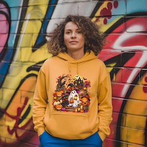 Cute Halloween Ghost Sweatshirt, Spooky Season Witch Cat Hoodie, Haunted House Pumpkin Patch Crewneck, Cozy Fall Kids Adult Trick or Treat