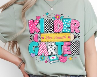 Custom Kindergarten Teacher Shirt, Comfort Colors® Kindergarten Tee, Retro Stripe Kindergarten Team Shirt, Back to School, Elementary Teach