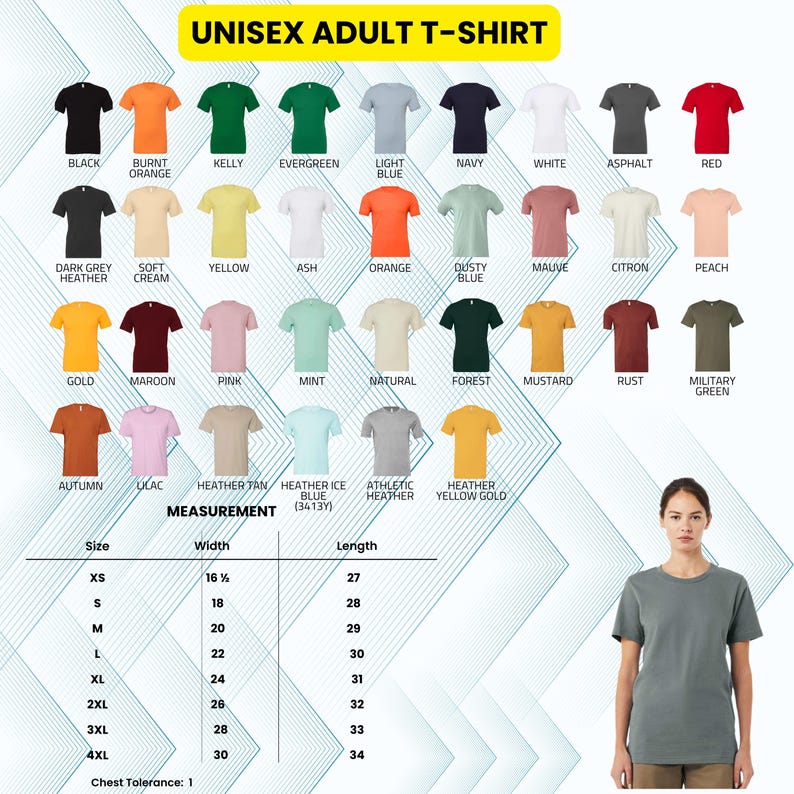 May include: A selection of unisex adult t-shirts in various colours, such as black, red, and yellow. The image includes a size chart with measurements in inches and a woman wearing a green t-shirt.
