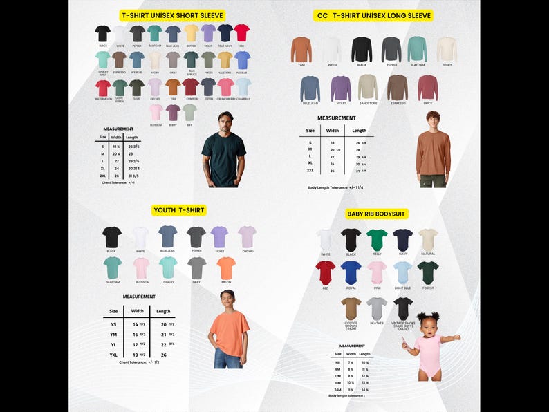 K&ouml;nnte beinhalten: Ein Produktkatalog mit verschiedenen T-Shirts, Langarmshirts und Baby-Bodys in verschiedenen Farben. Das Bild enth&auml;lt Gr&ouml;&szlig;entabellen mit Ma&szlig;en in Zoll und Models, die die Kleidung tragen. Der Text enth&auml;lt "T-SHIRT UNISEX SHORT SLEEVE", "CC T-SHIRT UNISEX LONG SLEEVE", "YOUTH T-SHIRT" und "BABY RIB BODYSUIT".
