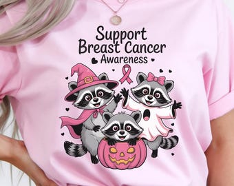 Spooky Breast Cancer Awareness Sweatshirt, Pink Ribbon Halloween Raccoons Shirt, Cute Witch Raccoon Pink October Shirt, Breast Cancer Gift