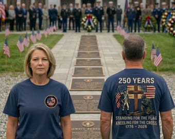 USA 250th Anniversary Shirt 1776-2026, Patriotic Christian 2 Sided Tee, Standing for the Flag Kneeling for the Cross, 4th of July Shirt