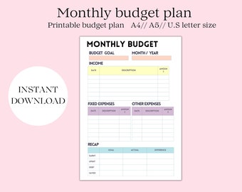 Monthly budget planner, printable budget planner, monthly budget plan printable