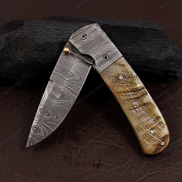 Handmade Folding Knife. Damascus Folding Knife, Camping Knife, Hand Forged Knife, Pocket Knife. Anniversary Gift. Best Gift For Him