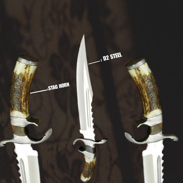 Custom Deer Antler D2 Steel Hunting Bowie Knife. Vintage Knife, Bowie Knife, Hunting Knife, Camping Knife, EDC Knife, Best Gift.