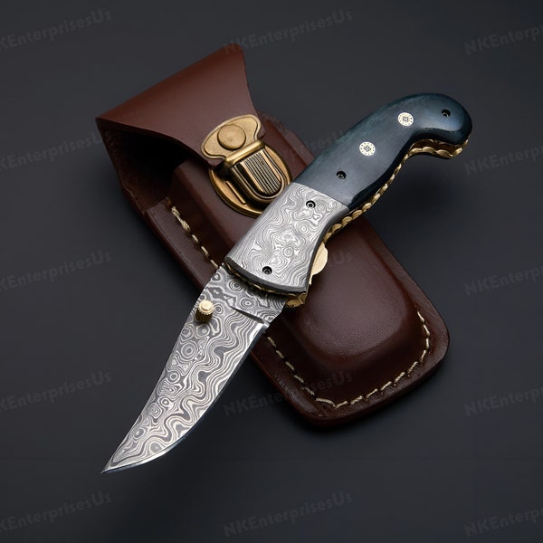 Handmade Folding Knife. Damascus Folding Knife, Camping Knife, Hand Forged Knife, Pocket Knife. Anniversary Gift. Best Gift For Him