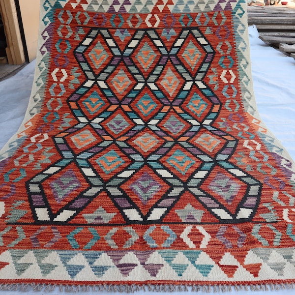 Handmade Afghan Chubi Kilim Rug - 4'2x6'1 Multiple Colour Flatweave Rug, Turkmeni Geometric Maimana Rug, Vintage Tribal Living Rom Carpet