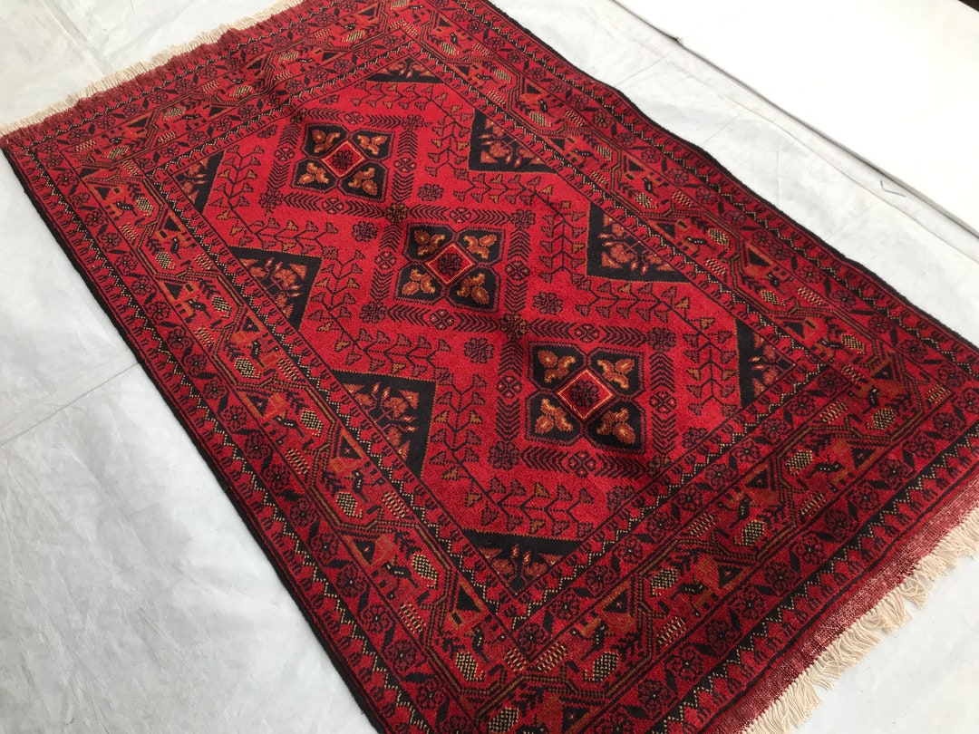 3'4x5'4 Ft Afghan Turkmen Bukhara Rug, Hand Knotted Fine Wool Area Rug