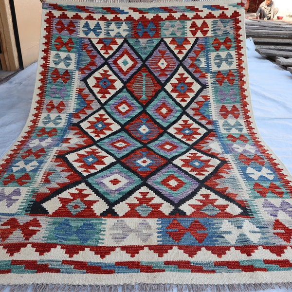 Multiple Colour Chubi Maimana Kilim Rug - 4'0x5'9 Afghan Handmade Flatweave Rug, Turkmeni Geometric Rug, Vintage Tribal Living Rom Carpet