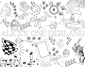 May include: Black and white line art illustration of Alice in Wonderland themed items.  The illustration includes a teacup, a cupcake, a key, a playing card, a pocket watch, a rose, a bow, a hat, a rabbit, and the text "Alice's One-Derland".