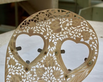 Antique Carved Mother of Pearl Double Heart Photo Frame