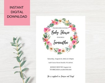 Floral Baby Shower Invitation, Baby Shower Invitation For Girl, Pink  Baby Shower Invite, Floral Wreath Baby Shower Digital Invitation