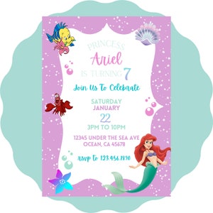 Invitation de fête d'anniversaire de petite sirène, invitation d'anniversaire, invitation numérique, invitation d'anniversaire imprimable d'Ariel, carte de remerciement gratuite
