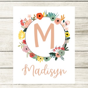 Custom Name Print, Personalized Name Printable Wall Art, Girls Room Wall Decor, Nursery Room Wall Print, Printable Name Art With Flowers