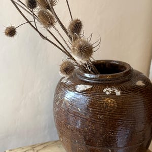 May include: A brown ceramic vase with a textured surface and a white glaze. The vase is filled with dried thistle flowers.