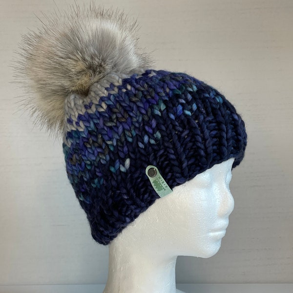 Adult Medium - Sunrise Hat - 100% Merino Wool with Luxe Faux Fur Pom