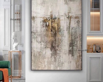 Oil Painting Original Canvas Beige Painting Abstract Gold Painting Foil Canvas Wall Art Framed Abstract Painting Large Abstract Acrylic