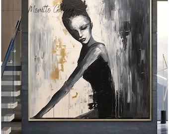 Abstract Woman Face Painting Figurative Painting Original Black and White Oil Painting on Canvas Frame Painting Minimalist Art
