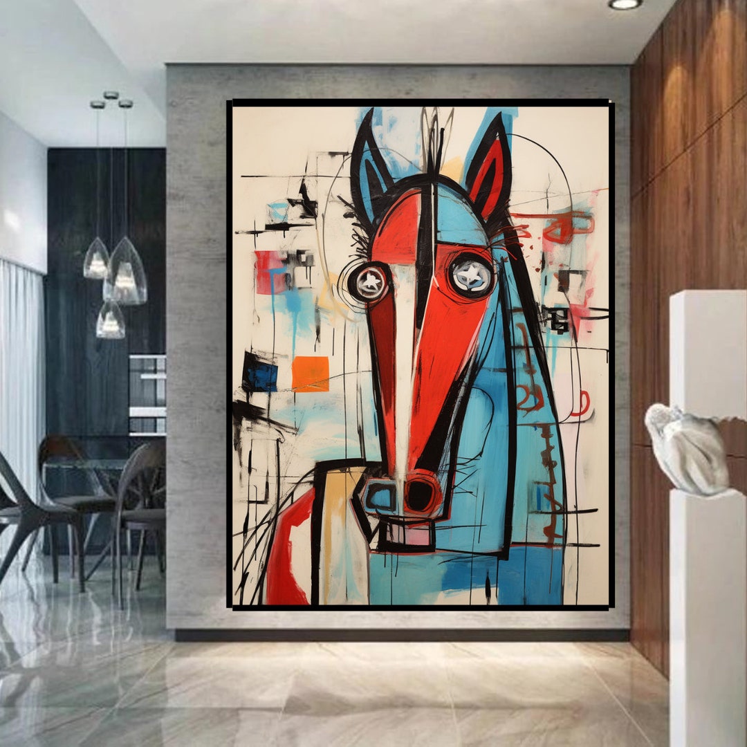 Cubism Horse Painting Red Blue Wall Art Framed Horse Painting Etsy