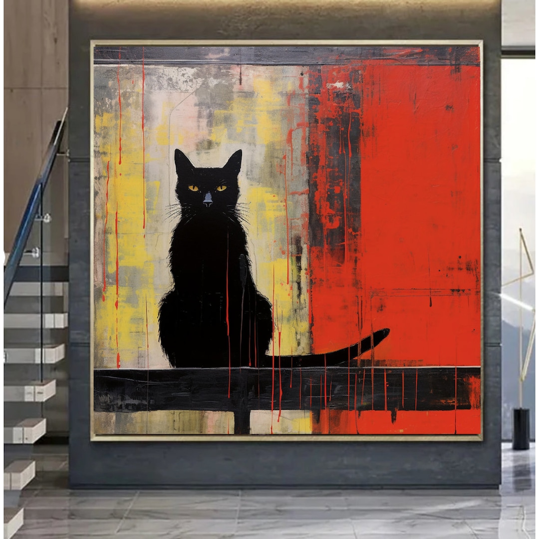 Original Abstract Black Cat Paintings Original Cat Painting on Canvas