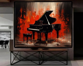 Oil Painting on Canvas Piano Painting Black Music Art Wall Decor Bedroom Above Bed Art Modern Horizontal Wall Art Framed