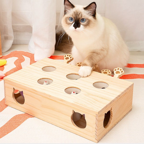 Whack a mole Katzenspielzeug Interaktive Box Mäuse Großes Kätzchen Massivholz Spielzeug Laser Cut Indoor