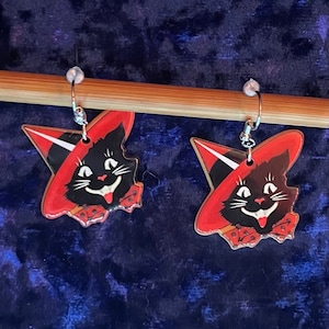 Vintage Retro Witch Cat Halloween Beistle Earrings