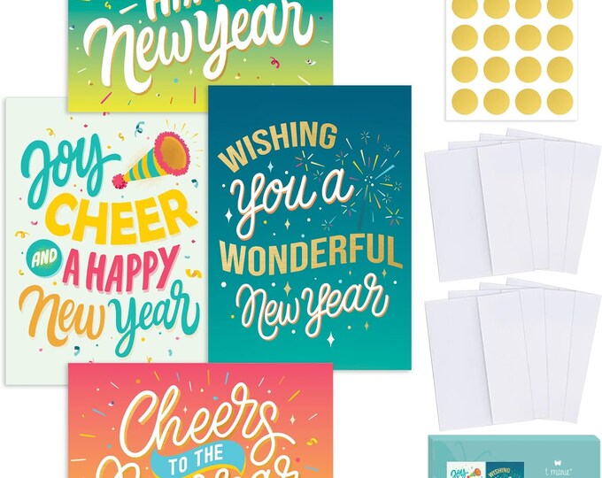 24 Happy New Year Cards Boxed With Envelopes and Gold Stickers Assorted