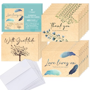 48 Funeral Thank You Cards With Message Inside - 4.5 x 6.25” Rustic Kraft Style Bulk Sympathy Thank You Cards with Words Inside