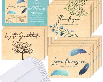 48 Funeral Thank You Cards With Message Inside - 4.5 x 6.25” Rustic Kraft Style Bulk Sympathy Thank You Cards with Words Inside