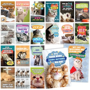 May include: A collection of cat-themed art prints with various humorous phrases and images. The prints feature different cat breeds in various poses, with text like "My cat ignores me all day" and "It's hard work doing nothing all day."