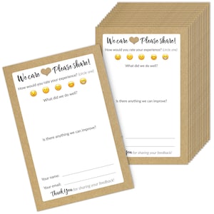 May include: A stack of 10 brown paper cards with a customer feedback survey. The survey asks customers to rate their experience with emojis, provide feedback on what the business did well, and suggest areas for improvement. The survey also includes space for the customer's name and email address. The survey ends with a thank you message.
