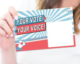 100 Bulk Voter Postcards 4x6” - Your Vote Your Voice, Red, White and Blue Theme With Blank Back for Message to Voters