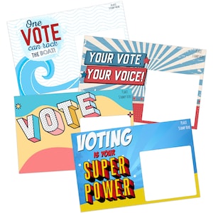 May include: A collection of colorful postcards with political messages. One postcard reads "One VOTE can rock THE BOAT!" with a wave graphic. Other cards say "YOUR VOTE YOUR VOICE!" and "VOTING IS YOUR SUPER POWER".