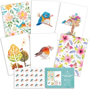 24 Blank Greeting Cards 4.5” x 6.25” - Card Assortment Pack For All Occasions with Envelopes and Stickers - Floral Watercolor Birds Boxed