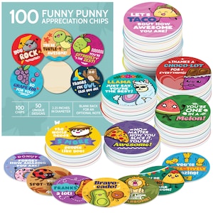 May include: A stack of 100 appreciation chips with punny phrases and illustrations. Each chip is 2.25 inches in diameter and features designs like a taco, llama, and avocado. The text includes phrases like "You Rock" and "You're Awesome!"