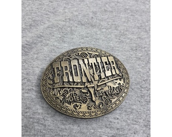 Vintage 1970s Frontier Hotel Las Vegas Solid Brass Belt Buckle Casino Souvenir