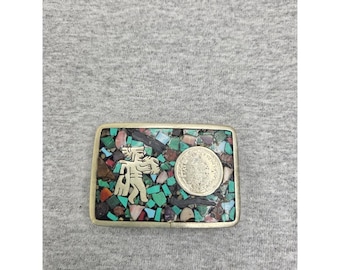 Vintage Handmade Mexico Aztec Warrior Calendar Gem Inlay Belt Buckle OOAK