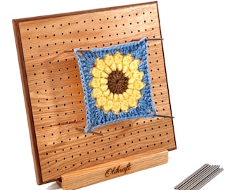 Planche de blocage en bois de 20 cm/28 cm pour grand-mère carrée – Excellent cadeau pour les amateurs de tricot et de crochet – Comprend 50 épingles en acier inoxydable et un support