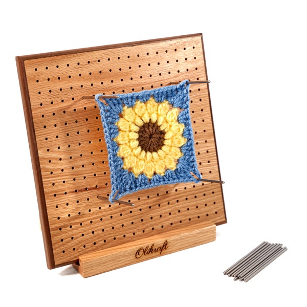 Planche de blocage en bois de 20 cm/28 cm pour grand-mère carrée – Excellent cadeau pour les amateurs de tricot et de crochet – Comprend 50 épingles en acier inoxydable et un support