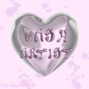 Peut inclure: Un cœur argenté avec un dégradé rose et violet, avec le texte "CASH ARTIST" à l'intérieur. L'arrière-plan est rose clair avec des cœurs, des étoiles et des empreintes de pattes pastel.