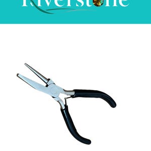 May include: Needle-nose pliers with black handles and silver metal jaws. The pliers are open, ready for use. The word "Riverstone" is displayed in white text above the pliers on a teal background.