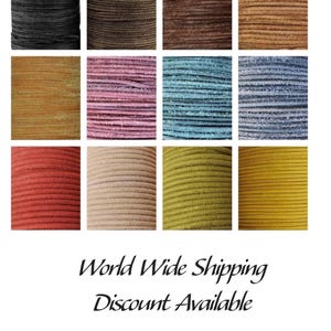 May include: A selection of distressed leather cord spools in a range of colours: black, brown, tan, pink, blue, red, beige, green, and yellow. The text "DISTRESS LEATHER CORD" is at the top of the image.