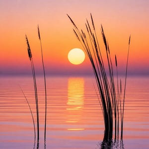 Könnte beinhalten: Eine ruhige Sonnenuntergangsszene über ruhigem Wasser. Die Sonne, eine helle Kugel, spiegelt sich im welligen Wasser. Silhouetten von Schilf stehen im Vordergrund und verleihen dem leuchtenden orangefarbenen und violetten Himmel einen Hauch von natürlicher Eleganz.