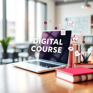 Puede incluir: Un portátil con las palabras "DIGITAL COURSE" en la pantalla está sobre un escritorio de madera. Libros rojos y un portalápices negro están junto al portátil. Iconos flotantes y un fondo de oficina borroso.
