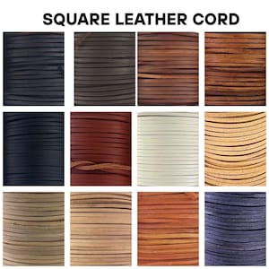 May include: A selection of square leather cords in diverse shades such as black, brown, red, white, and beige. The cords are neatly coiled, highlighting their texture and colour differences. The image features the text "SQUARE LEATHER CORD" at the top.