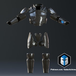 May include: A disassembled set of dark gray futuristic armor. The set includes a chest piece, shoulder pads, arm guards, and leg guards. The arm guards have a small blue screen. The Galactic Armory logo is in the bottom right corner.