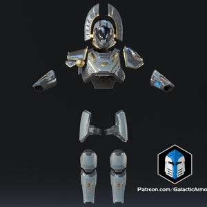 May include: A silver and gold futuristic armor set, including a helmet, shoulder pads, chest piece, arm guards, and leg armor. The armor has intricate detailing and a sleek design. The image also includes a logo with the text "Patreon.com/GalacticArmory".