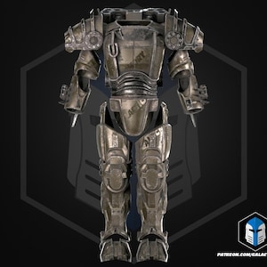 May include: A full-body suit of metallic, weathered olive-drab power armor featuring segmented plating, articulated joints, and a chest piece with the text "GALACTIC ARMORY" visible. The armor includes shoulder pauldrons, gauntlets, and greaves.